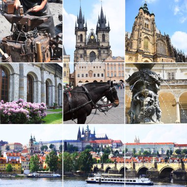 Manzara ve şehrin konumlar büyük kolaj. Prag. Çek Cumhuriyeti. İlkbahar sezonu 
