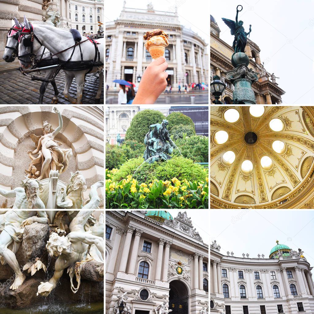 VIENNA, AUSTRIA . Collage. Vienna State Theater Burgtheater, Austria, Neue Burg, a new castle of the Hofburg Palace, Museum in Heldenplatz , and other attractions