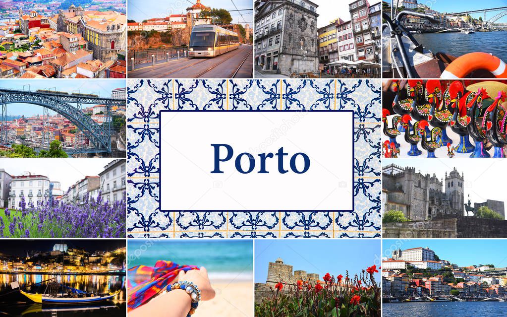 Large collage with a variety of landscapes and landmarks of Porto, Portugal. 