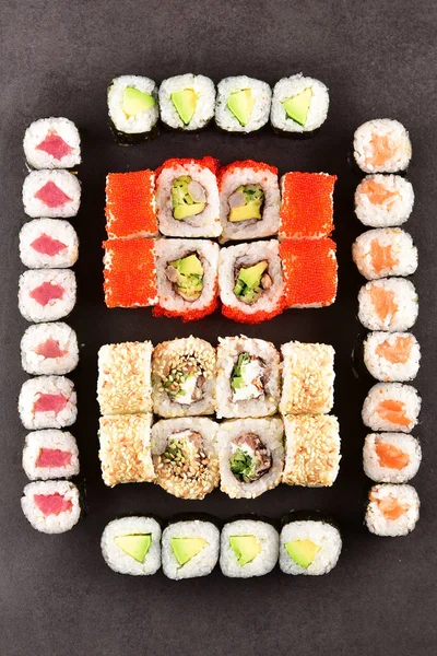 Sushi Set Compositionally Located Dark Surface — Stock Photo, Image