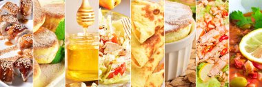 Farklı yiyeceklerle büyük kolaj: suşi, bal, çorba, tatlı, kurabiye, et.