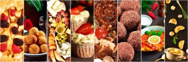 Farklı yiyeceklerle büyük kolaj: suşi, bal, çorba, tatlı, kurabiye, et.