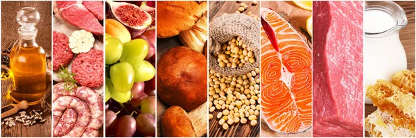 Tolle Collage Mit Essen Frische Vielfältige Lebensmittel Aus Nächster Nähe — Stockfoto