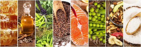 Tolle Collage Mit Essen Frische Vielfältige Lebensmittel Aus Nächster Nähe — Stockfoto