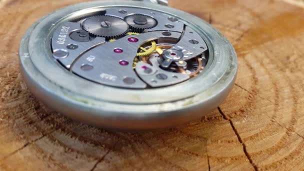 Механізм годинника на дерев'яному тлі — стокове відео