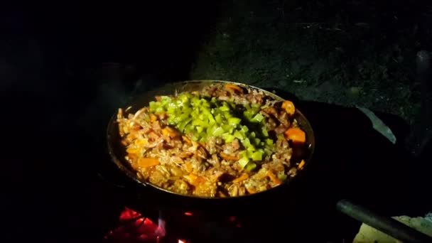 Comida de rua. Comida cozinhada na fogueira — Vídeo de Stock