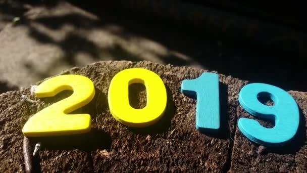 Feliz ano novo 2019. Figuras coloridas em um fundo de madeira — Vídeo de Stock