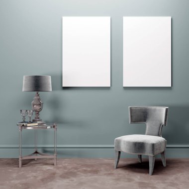 İçi klasik turkuaz kaplamalı iki poster, 3 boyutlu.