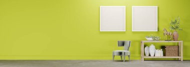 Yeşil modern oturma odasının arka planında maket posteri. 3d oluşturma