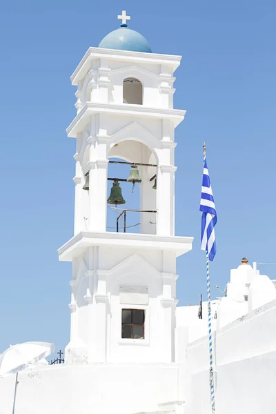 Blauw Witte Orthodoxe Kerkklokkentoren Firostefani Santorini Griekenland — Stockfoto