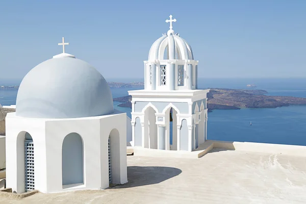 Griekse Witte Blauwe Koepel Ortodox Kerk Firostefani Santorini Eiland Griekenland — Stockfoto