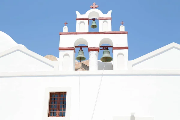 Torre Sino Igreja Grega Com Céu Azul Fundo Oia Santorini — Fotografia de Stock