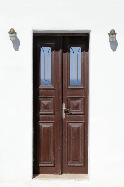 Wooden Door White Stone Wall Santorini Greece — Stock Photo, Image