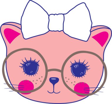 Cat With Bow and glass,Vector illustration of cat face, cat face drawing, t-shit print designs