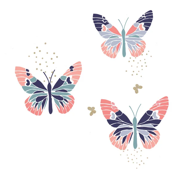 Vector Illustration Set Butterflies Set Three Butterflies Shit Print Designs – stockvektor