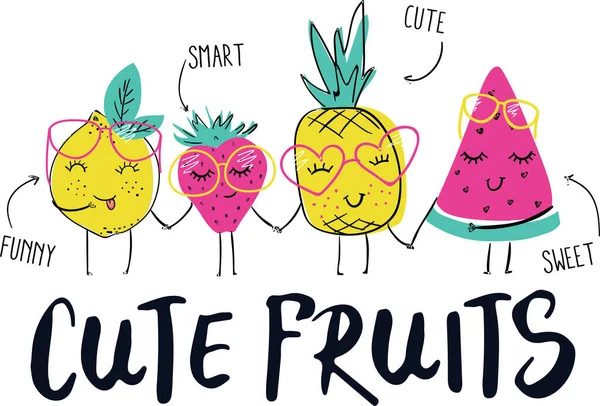 Set Colorful Cute Fruits Set Colorful Cute Fruits Shit Print lizenzfreie Stockillustrationen