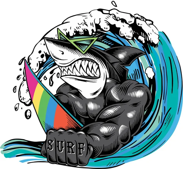 Vector Illustration Shark Surfing Board Shark Surfing Beach Shit Print Vektorgrafiken
