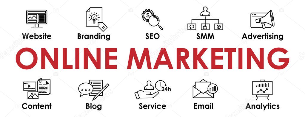 Online marketing lettering with signs, vector illustration