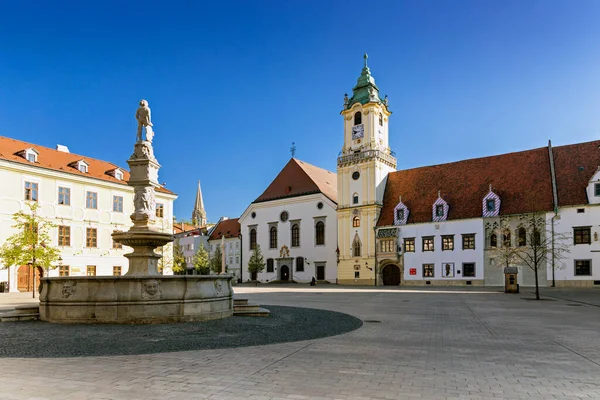 Coronavirus, Main Square, Old Town Hall, Roland Fountain, Bratislava, Slovakya.