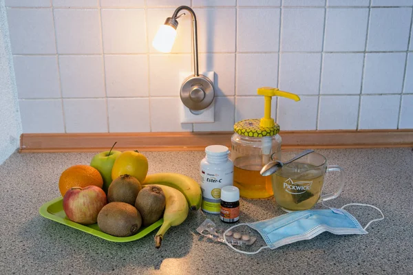 Bodegón Con Frutas Suministro Alimentos Coronavirus Alimentos Frutas — Foto de Stock