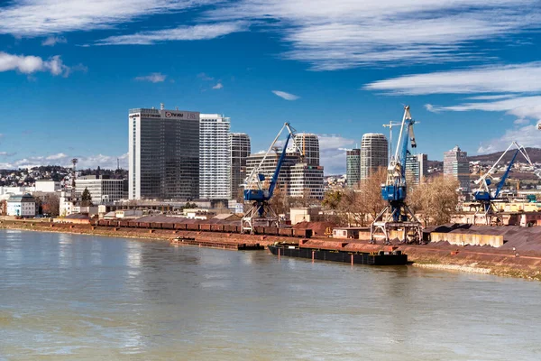 Tuna Embankment, Eurovea, Mlynske nivy, Winter port, transhipment, Bratislava, Slovakya.