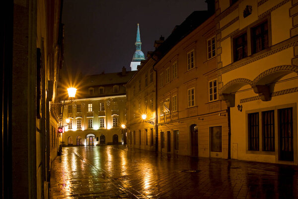 Night Bratislava, Panska street, after the rain, Slovakia.