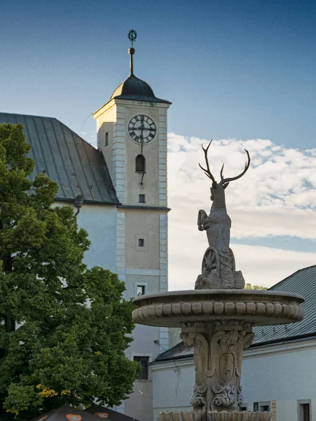 Middeleeuws Kasteel Cerveny Kamen Kasteel Toren Fontein Gewei Hert Slowakije — Stockfoto