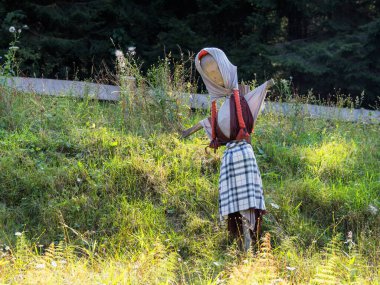 Slovak halk mimarisi açık hava müzesi, geleneksel kostümlü korkuluk, Vychylovka, Slovakya.