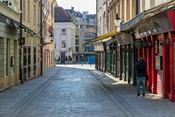 Lonely street, Pandemic, coronavirus, Covid 19, promenade, korzo,Irish pub, Sedlarska street, Bratislava, Slovakia.