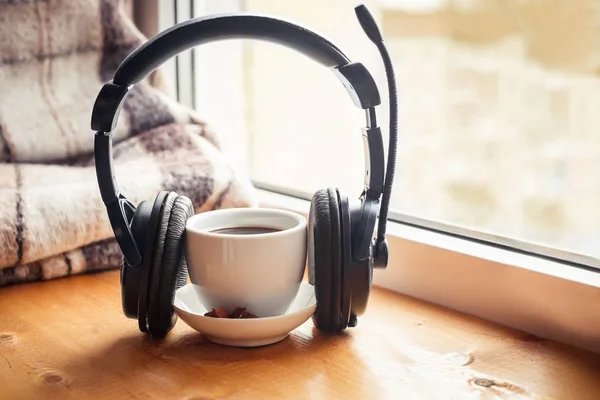 Cup Warm Drink Headphones Wooden Table Front Window Autumn Concept — Stock Photo, Image