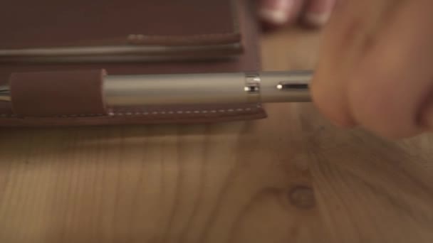 Close Shot Woman Hand Putting Silver Steel Pen Leather Case — Wideo stockowe