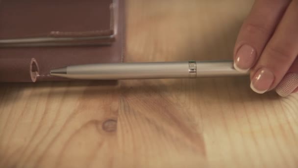 Close Shot Woman Hand Putting Silver Steel Pen Leather Case — Vídeo de Stock