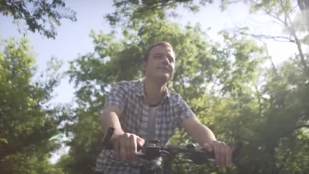 Happy Calm Middle Age Man Plaid Shirt Riding Slow Urban — Stock Video