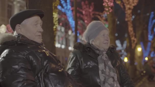 兴奋的孙子男孩跑到年老的祖父母身边 拥抱在温馨的节日气氛中 — 图库视频影像