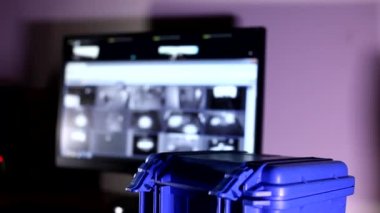 Mavi, yüksek güvenlik seviyeli, birden fazla siyah beyaz kamera arka planına sahip küçük, kurşun geçirmez çanta üzerinde sabit bir şekilde dur.