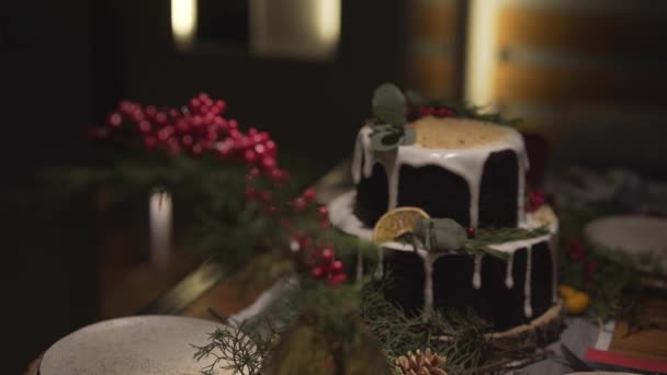 Panorama Vue Rapprochée Sur Magnifique Table Noël Décorée Pour Célébration — Video