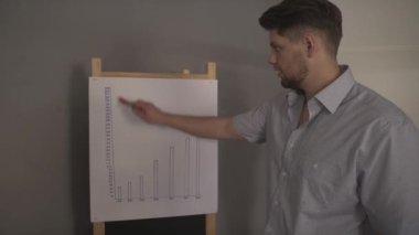 Genç ve çekici takım lideri iş arkadaşlarına heyecan içinde el çırparken ilerleme çizelgesi gösteriyor.