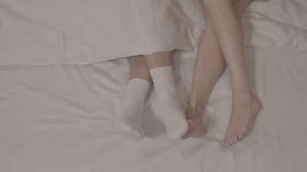 两个女人碰了碰穿着白袜子的男人的腿 两个女人赤脚躺在床上 在白床单上的毛毯下 — 图库视频影像