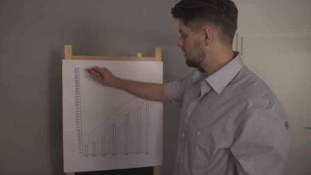 Snygg Attraktiv Ung Man Presenterar Resultat Affärsprojekt Tabell Diagram Bar — Stockvideo