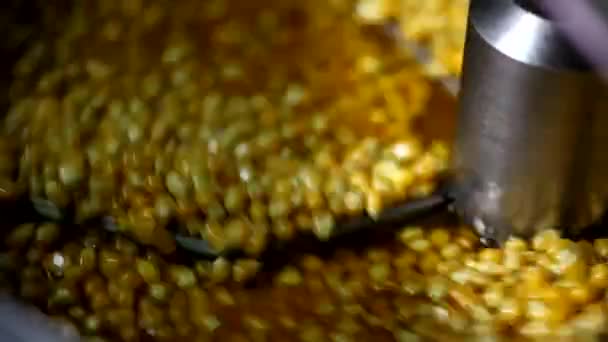 Közelkép Száraz Apró Kukoricamagokról Karamellás Sajttal Keverve Édes Ízesítésű Szósszal — Stock videók