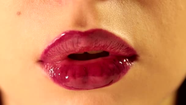 閉じるアップショットの美しいです女性の舌なめる彼女の唇とともに明るい深い赤い梅のベリー光沢のある口紅ティントリップグロス — ストック動画