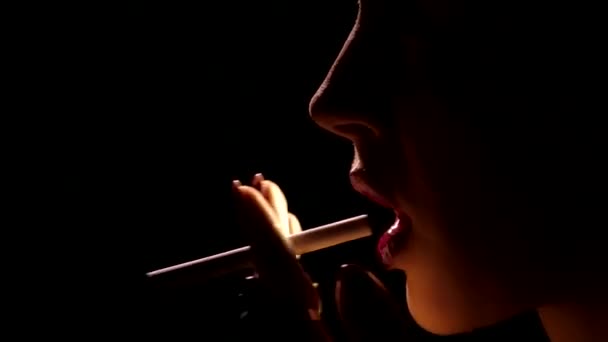 Piękny Profil Sylwetka Atrakcyjnej Kobiety Oświetlenie Palenie Papierosów Wdychanie Dymu — Wideo stockowe