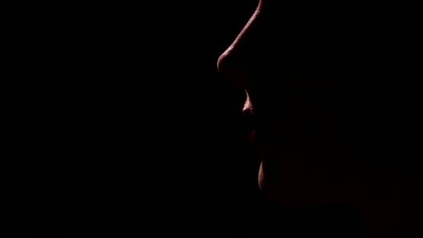 Привабливий Профіль Силует Красивої Жінки Чорному Тлі Паління Цигарки Вдихає — стокове відео
