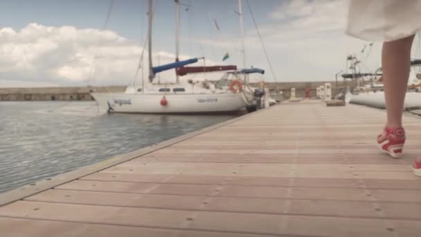 高いかかとの魅力的な若いフィット女性はヨットボート港で重い荷物を運ぶ木製の橋を歩いて背を向ける — ストック動画