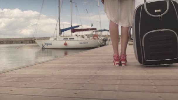 魅力的な若いフィットの女性は重い荷物を運ぶヨットボート港で木製の橋を歩いてハイヒールで背を向ける — ストック動画