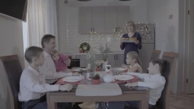İnanılmaz mutlu altı kişilik aile, Noel yemeğinin tadını çıkarsın. Güzel, rahat bir mutfak kutlaması atmosferinde, Noel Baba şapkalarıyla.