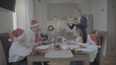 Mutlu, heyecanlı, altı kişilik bir aile, Noel yemeğini, şenlikli, rahat bir mutfakta kutluyor.