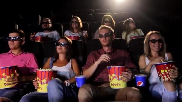 Group Young Attractive Happy Excited Male Female Friends Eating Popcorn — Stock Video