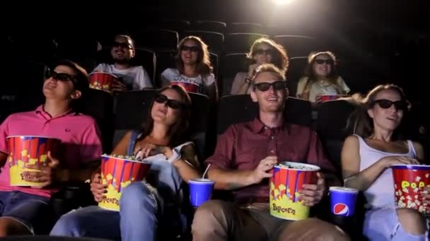 Group Young Attractive Excited Happy Male Female Friends Eating Popcorn — Stock Video