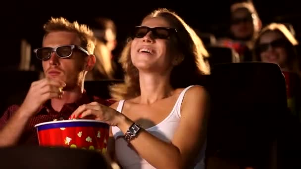 Group Attractive Young Happy Excited Male Female Friends Eating Popcorn — Stock Video